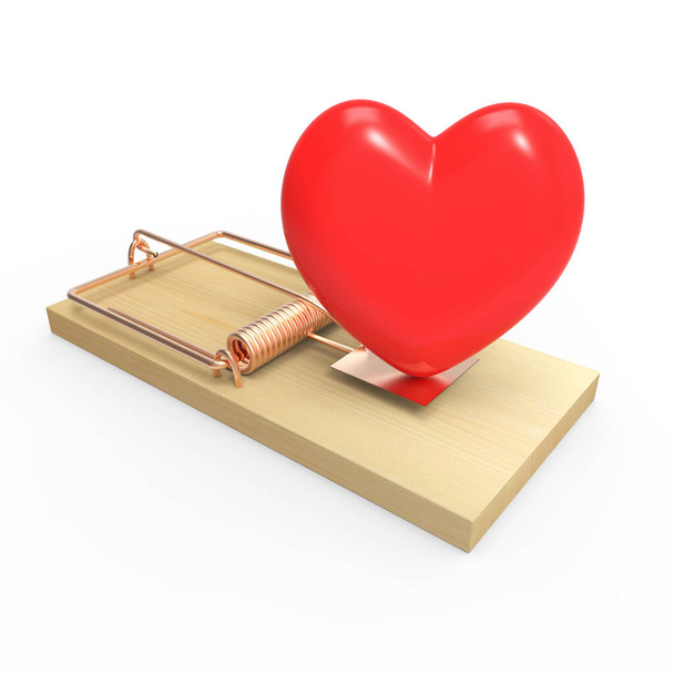 Trappola per topi in legno 3d con simbolo del cuore romantico rosso come esca, illustrazione 3d - Foto, immagini