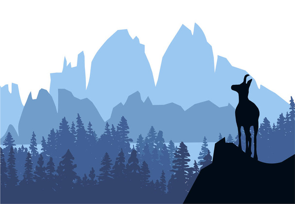 Una gamuza se encuentra en la cima de una colina con montañas y bosque en el fondo. Silueta negra con fondo azul. Ilustración. - Vector, Imagen