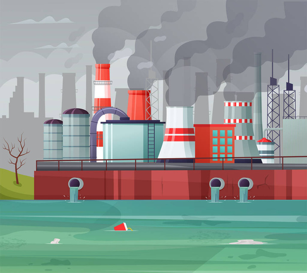 Environmental pollution vector illustration. Air pollution, pollutant fog gas and industrial smog. Factories emitting smoke through chimneys - Vector, Image