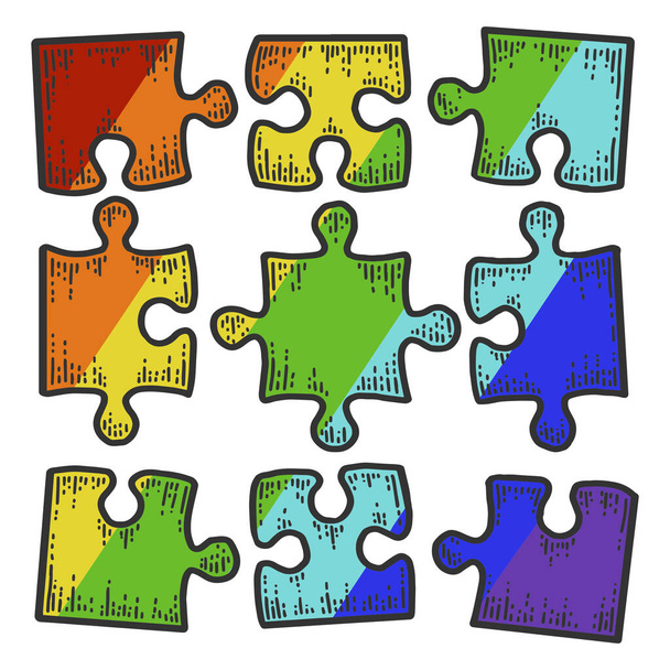 Quadrato puzzle icona colore dell'arcobaleno. Non assemblati nove pezzi. Schizzo graffio bordo imitazione. - Vettoriali, immagini