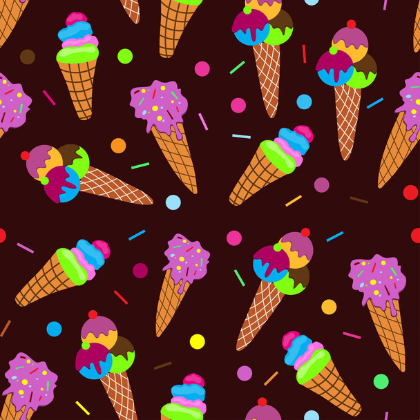 Seamless pattern ice cream with sprinkles and topping. Different types of ice cream. Ice cream balls. Vector illustration on dark background. - Vector, Image