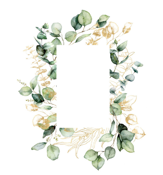 Aquarel verticaal gouden frame van eucalyptus takken, zaden en bladeren. Handgeschilderde kaart van planten geïsoleerd op witte achtergrond. Bloemen illustratie voor ontwerp, print, stof of achtergrond. - Foto, afbeelding