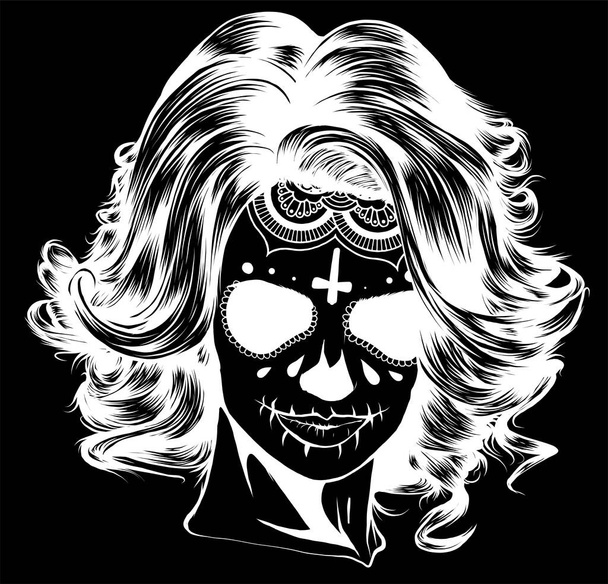 silhouette Vector Black and White Skull Candy Girl Illustration - Vector, Image