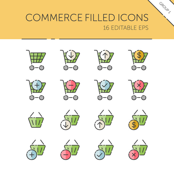 Commerce. Shopping cart and basket group. Store web. Isolated icon set. Filled vector illustration - Vector, Image