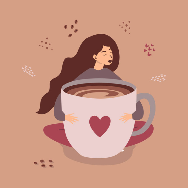Illustrazione di una ragazza seduta che abbraccia una grande tazza di caffè per superare la stanchezza. Stanchezza cronica, sonnolenza, stanchezza, sensazione di debolezza, stato di bassa energia, stanchezza mentale. Amore per il caffe '. Vettore piatto - Vettoriali, immagini