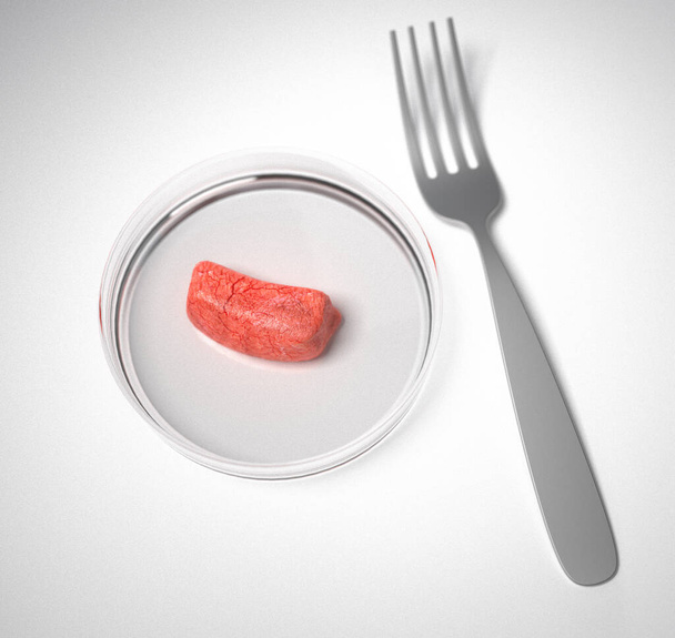 Töredéke izom szintetikus hús, mint például a szarvasmarha nyert laboratóriumi, 3D illusztráció - Fotó, kép
