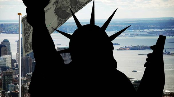 Estatua de la libertad frente al fondo del dólar - Foto, imagen