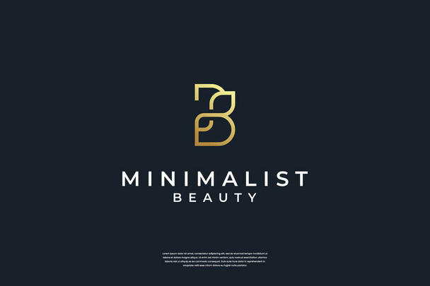 Minimalist golden initial B and leaf logo design with infinity symbol - Vector, Image