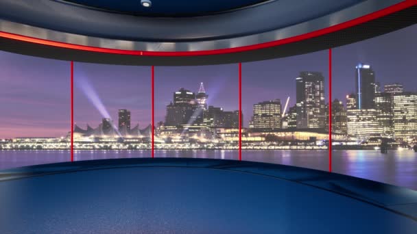 3D Virtual TV Studio News, 3D Virtual Studio Set с потрясающим видом на город - Кадры, видео