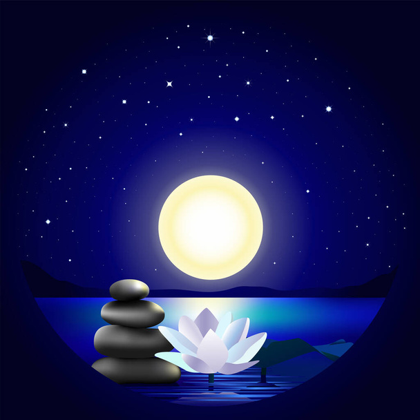 Noite paisagem de água de verão com lago, lua, estrelas, lótus e pedras de massagem. - Vetor, Imagem