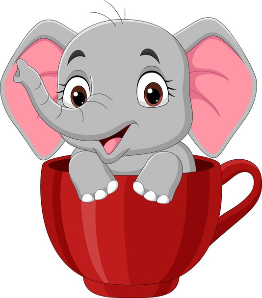 Διάνυσμα εικονογράφηση του Cartoon αστείο μωρό ελέφαντα κάθεται στο κόκκινο κύπελλο - Διάνυσμα, εικόνα