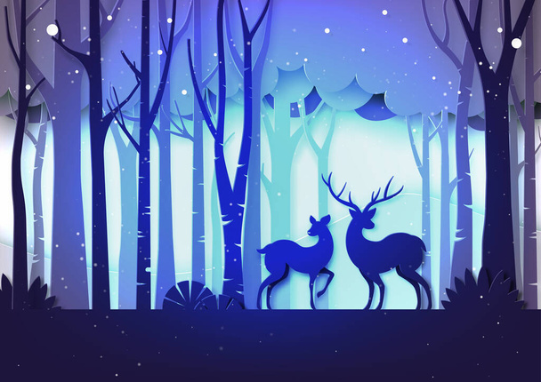 Winterseizoen landschap en kerst concept bos en herten wilde dieren op paarse kleur achtergrond papier kunst stijl.Vector illustratie. - Vector, afbeelding