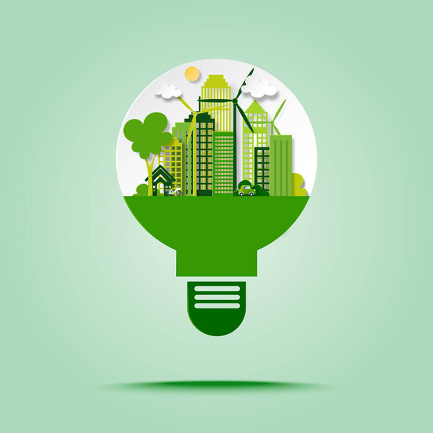 Ecocittà verde con risparmio energetico e riciclare concetto in lampadina stile carta arte. Ecologia e ambiente concetto di conservazione illustrazione vettoriale - Vettoriali, immagini