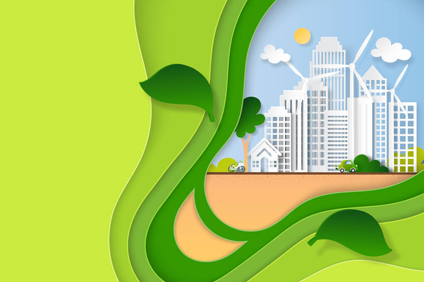 Paper art of green eco city und erneuerbare Energien für nachhaltige Ressourcen in Glühbirnenform aus grünen Papierschichten Hintergrundvorlage Vektor Illustration. - Vektor, Bild