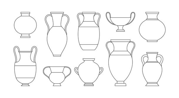 Griechische Vasen im trendigen minimalen linearen Stil. Vektorillustrationen verschiedener Tongefäße - Vektor, Bild