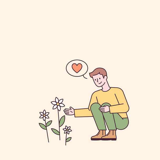 A man is sitting and looking at a flower blooming on the side of the road. flat design style minimal vector illustration. - Vector, Image