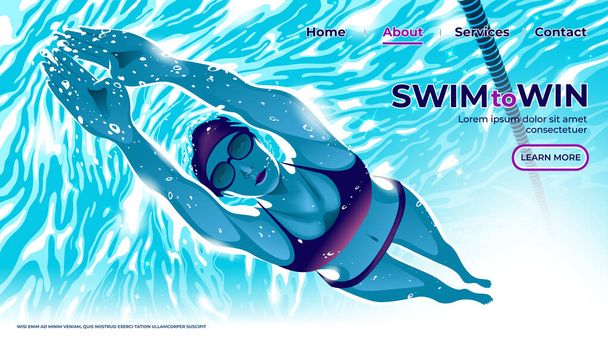 水泳選手のUIや着陸ページのベクトルイラストは決定的な目でスイミングプールで水中で潜水しています - ベクター画像