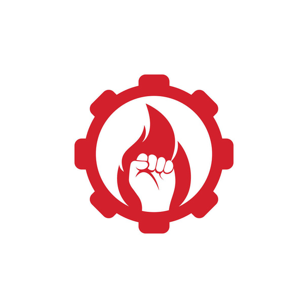 Koncepcja kształtu przekładni Fire Fist Logo Vector. Rewolucja Protest Płomień Pięść Symbol. Element projektowania szablonu logo WWW. - Wektor, obraz
