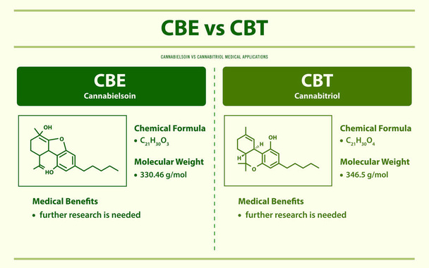 CBE vs CBT, Cannabielsoin vs Cannabitriol漢方薬や化学療法、医療や医学のベクトルとして大麻についての水平インフォグラフィックイラスト. - ベクター画像