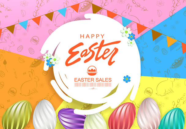 Illustration multicolore de Pâques avec cadre rond abstrait blanc, œufs avec un motif rayé. - Vecteur, image