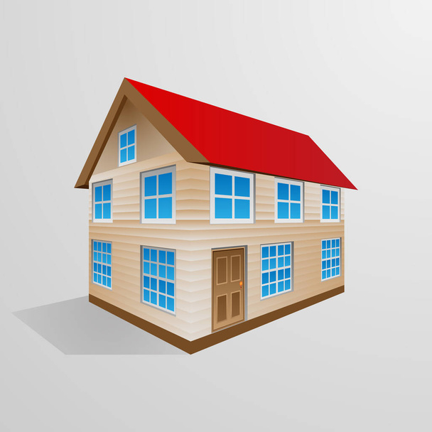Οικογενειακό σπίτι σε προοπτική με κόκκινη οροφή και μπλε παράθυρα - Διάνυσμα, εικόνα