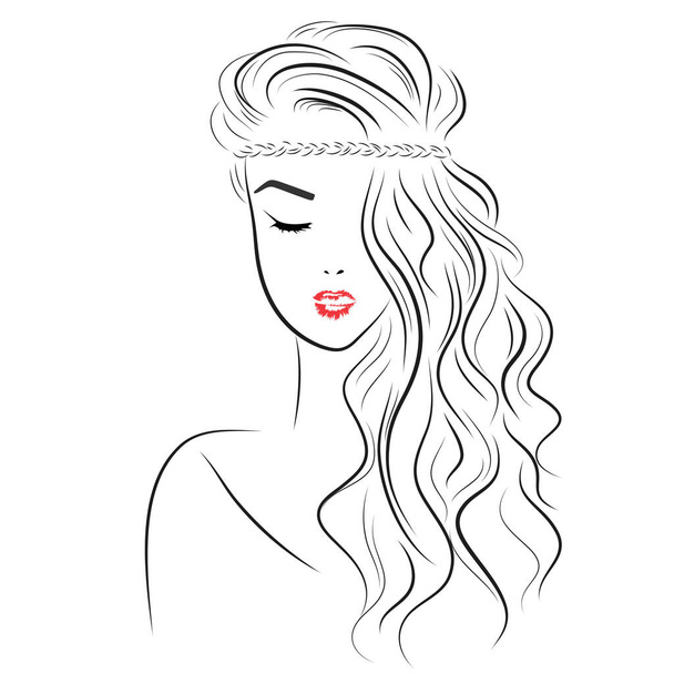 Διάνυσμα σκίτσο ενός όμορφου κοριτσιού με μακριά μαλλιά και πλεξούδες γύρω από το κεφάλι της. Εικόνα μόδας. Γυναικείο στυλ μαλλιών - Διάνυσμα, εικόνα