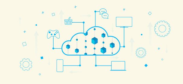 Cloud Computing storage technology concept. Internet network of cloud computing. Online access on demand to a configurable computing resources - gaming, working, watching, talking, shopping - Vektör, Görsel