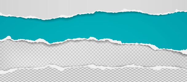 Pieces of torn, ripped white and turquoise paper with soft shadow are on squared, transparent background for text. Vector illustration - Διάνυσμα, εικόνα