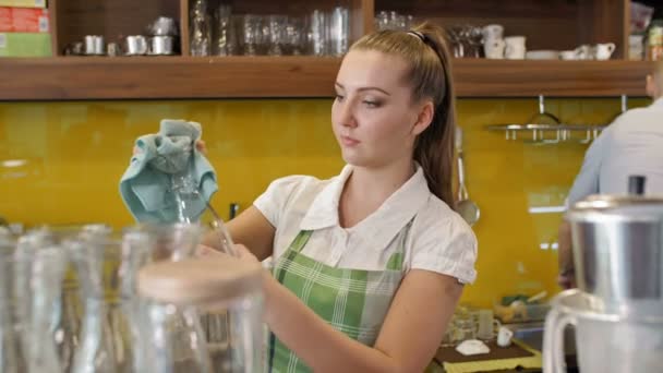Średnie ujęcie młodej kelnerki na pierwszym planie wycierającej szklaną karafkę ręcznikiem i męskiego barmana na tle robiącego koktajl - Materiał filmowy, wideo
