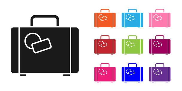 Fekete bőrönd utazási ikon elszigetelt fehér háttér. Utazó csomagjelzés. Útipoggyász ikon. Állítsa be az ikonok színes. Vektorillusztráció. - Vektor, kép
