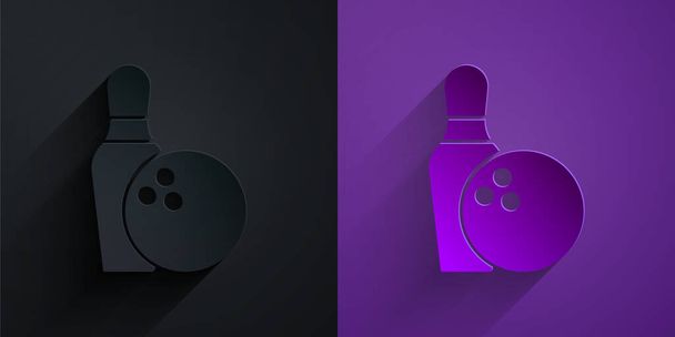 Papiergeschnittene Bowlingnadel und Ball-Symbol isoliert auf schwarzem auf lila Hintergrund. Sportgeräte. Papierkunst. Vektor. - Vektor, Bild