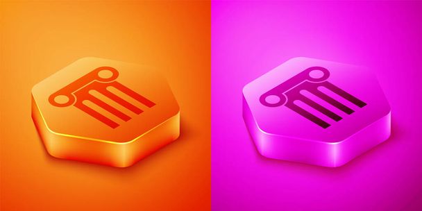 Isometric Ancient column icon isolated on orange and pink background. Hexagon button. Vector. - Vector, Image