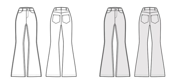 Baggy Jeans Denim pants technical fashion illustration with full length,  normal waist, high rise, 5 pockets