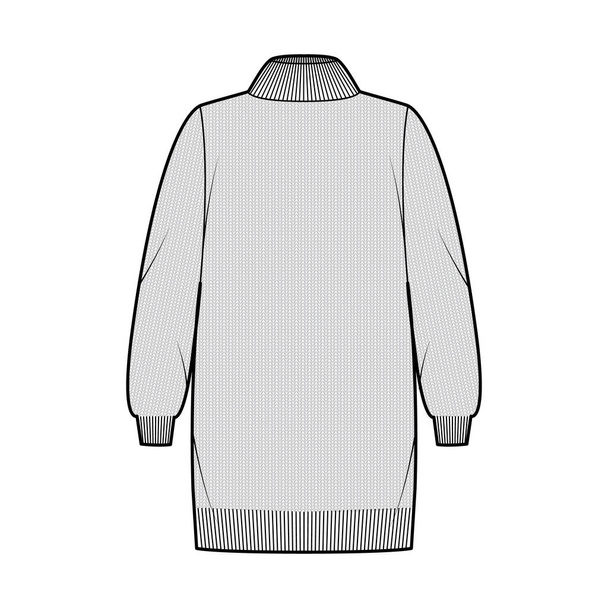 Pulóver ruha technikai divat illusztráció kötött borda garbó, hosszú ujjú, térd hossza kötött minta textúra - Vektor, kép