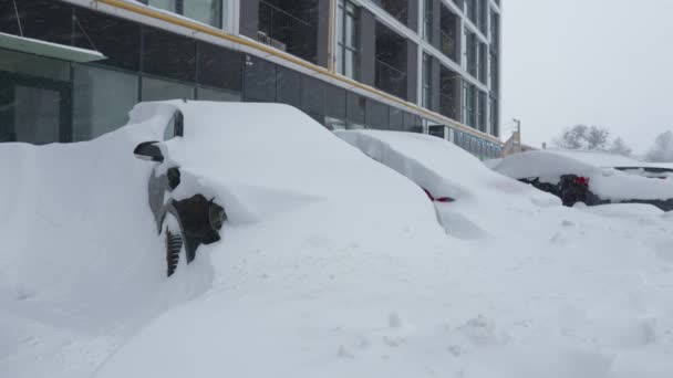 Auto coperte di neve dopo una bufera di neve. Edificio residenziale sullo sfondo. - Filmati, video