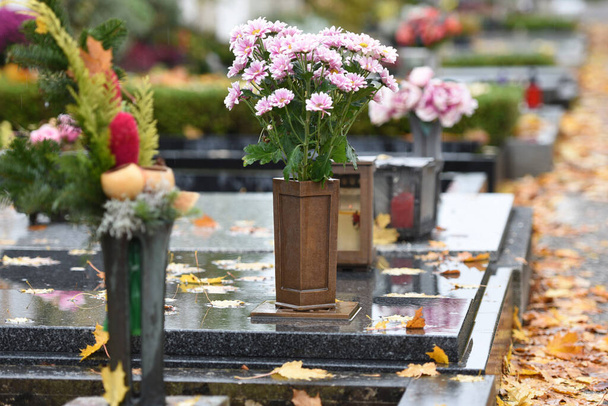 Graves in the cemetery Wels in autumn, Austria, Europe;  - Fotografie, Obrázek