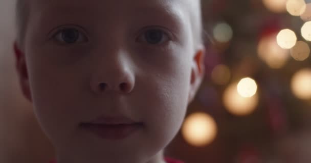 Macro φορητό πορτρέτο του νεαρού αγοριού κοιτάζοντας σοβαρά στην κάμερα σε ρηχό φόντο χριστουγεννιάτικο δέντρο. Κοντινό πρόσωπο του χαριτωμένου παιδιού περιμένει δώρο για τις διακοπές σε εσωτερικούς χώρους. έκφραση προσώπου  - Πλάνα, βίντεο
