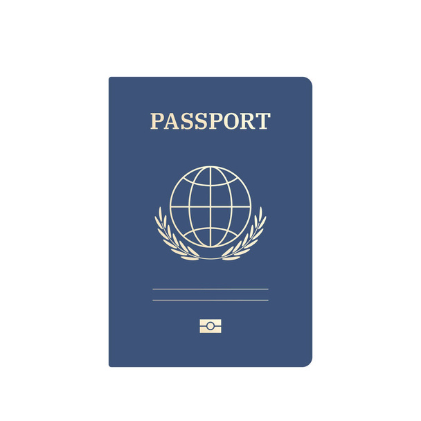 Modello di passaporto con copertina blu ed elementi dorati. Il documento ha un'icona semplice globo e rami di ulivo. Illustrazione vettoriale. - Vettoriali, immagini