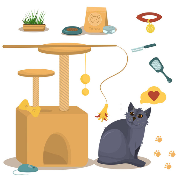  国内猫をテーマにしたベクターイラスト。家に住んでいる猫のための猫の家、食べ物やおもちゃと一緒に英国の灰色の猫. - ベクター画像
