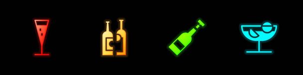 Набор бокал шампанского, бутылки вина, открытая бутылка и икона коктейля. Вектор. - Вектор,изображение