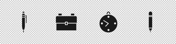 Set Pen, School backpack, Clock and Pencil with eraser icon. Vector. - Vector, Image