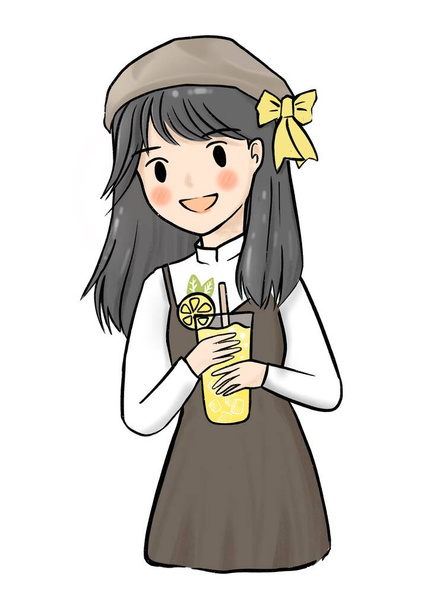 Handzeichnung Illustration Charakter Design. Rosa Wange süßes Mädchen in braunem Freizeitkleid mit Hut hält Zitronensaft in der Hand. - Foto, Bild