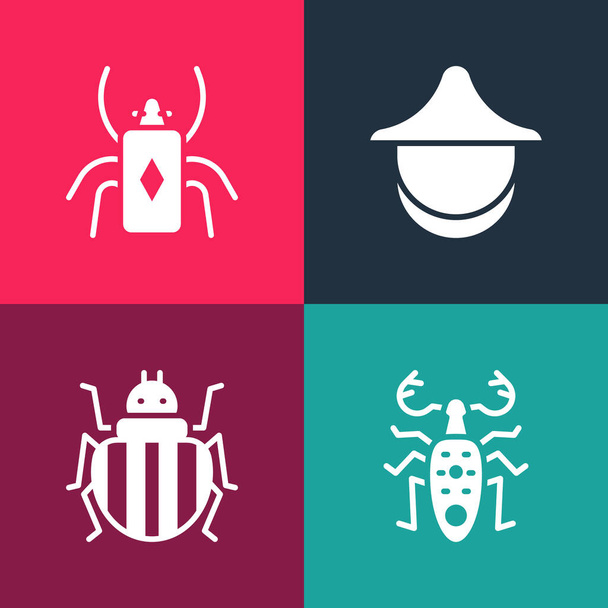 Set pop art Maggiolino cervo, scarabeo del Colorado, Cappello apicoltore e icona bug. Vettore. - Vettoriali, immagini