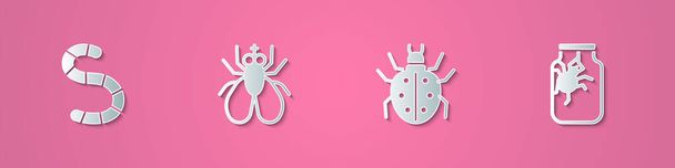 Set paper cut Worm, Insect fly, Mite and Spider in jar icon. Paper art style. Vector. - Vector, Image
