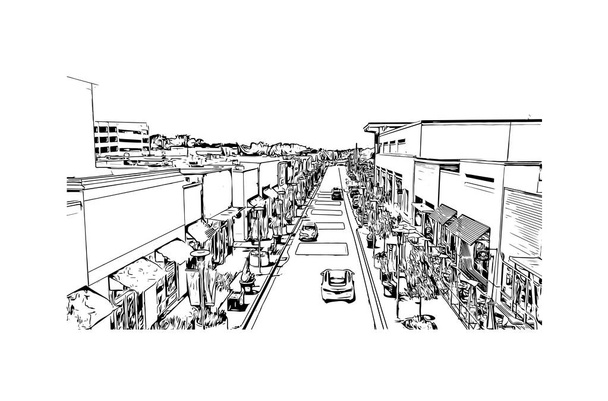 Stampa Vista edificio con punto di riferimento di Daly City è la città più popolosa della California. Illustrazione schizzo disegnato a mano in vettore. - Vettoriali, immagini
