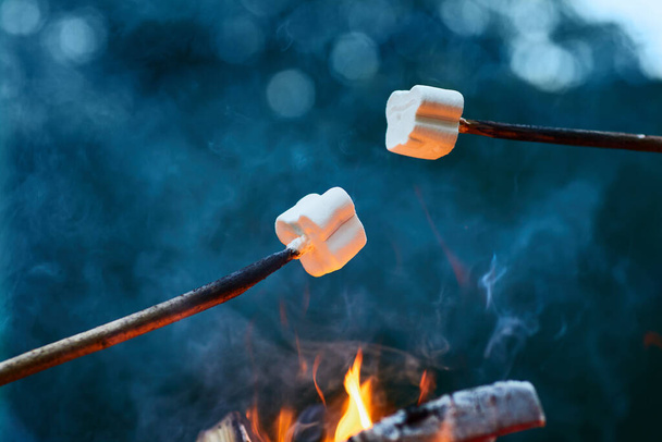 Άσπρα ζαχαρωτά σε ξυλάκια ψήνονται πάνω από τις φλόγες της φωτιάς. Τα ζαχαρωτά ψήνονται στη φωτιά. - Φωτογραφία, εικόνα
