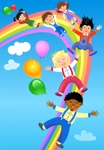 Kinderen rijden op de regenboog - Vector, afbeelding