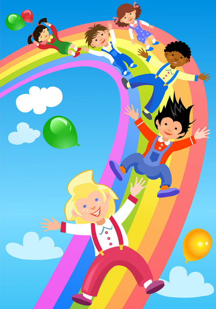 虹に乗る子供たち - ベクター画像