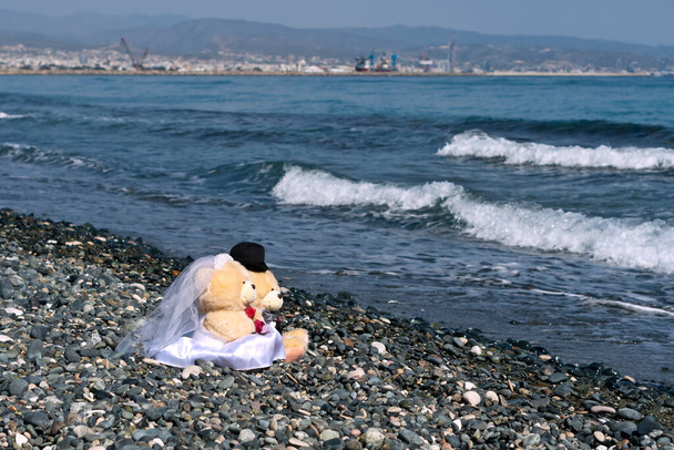 Bride and groom teddy bears sitting on stone beach in front of wavy sea - Photo, Image
