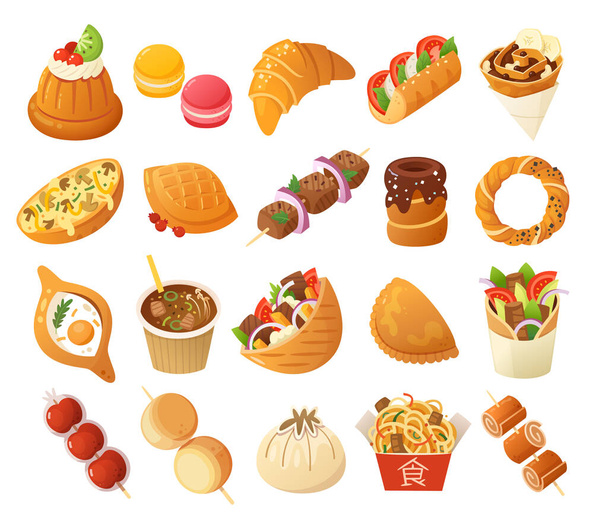 Street food images. French, Polish, Turkish and Chinese cuisines. Vector icons. - Vector, Image